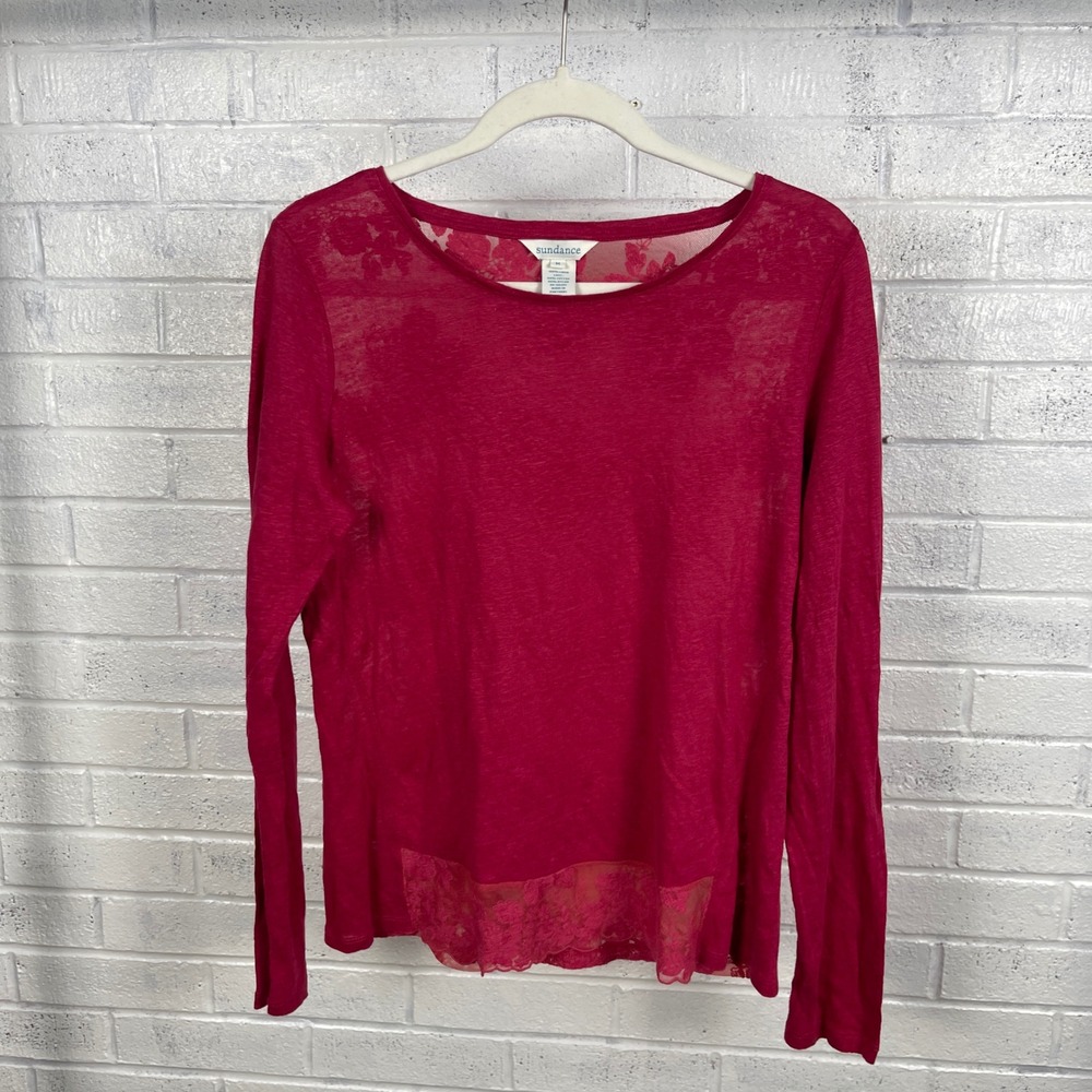 Sundance Sheer Lace Back Linen Blend Top Womens M Pink Romantic Boho